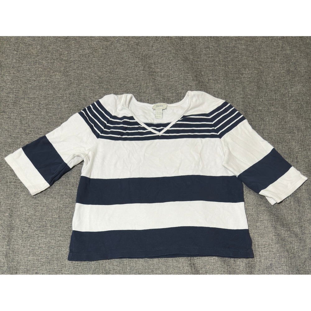Neiman Marcus Women Large Shirt Blue White Striped V-Neck 3/4 Sleeve Cotton